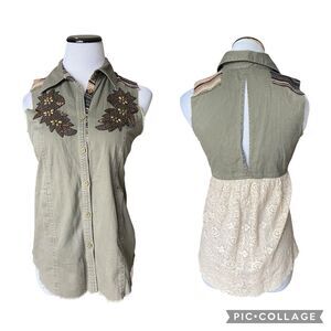 BKE Womens Utility Boho Vest Size S Green Crochet Lace Back Festival Grunge Edgy